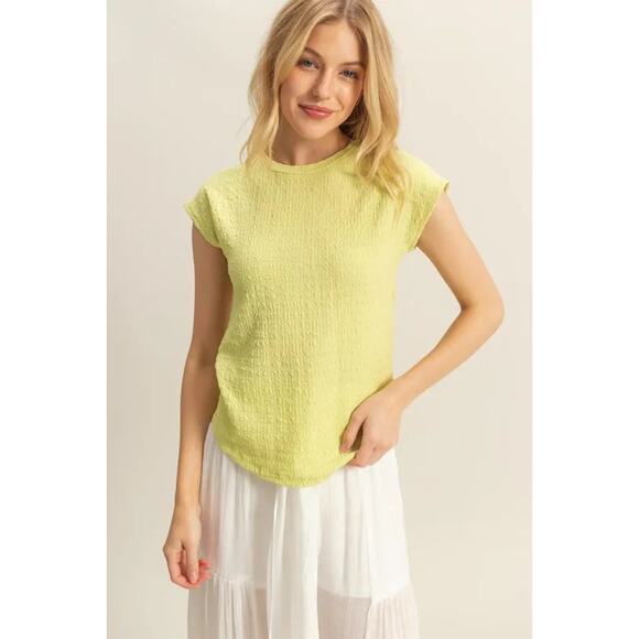 HYFVE Textured Design Round Neckline Cap Sleeves Casual Knit Top | Neon Yellow - Picture 3 of 5